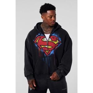 NWT! Youngla Men's 5011 Superman Drip Zip-Ups Hoodie Black Wash Small